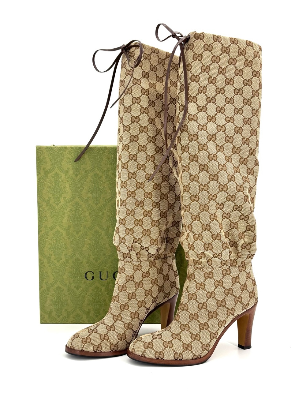 Gucci Lisa GG Monogram Knee High Pull On Heeled Boots 37 - Picture 2 of 8